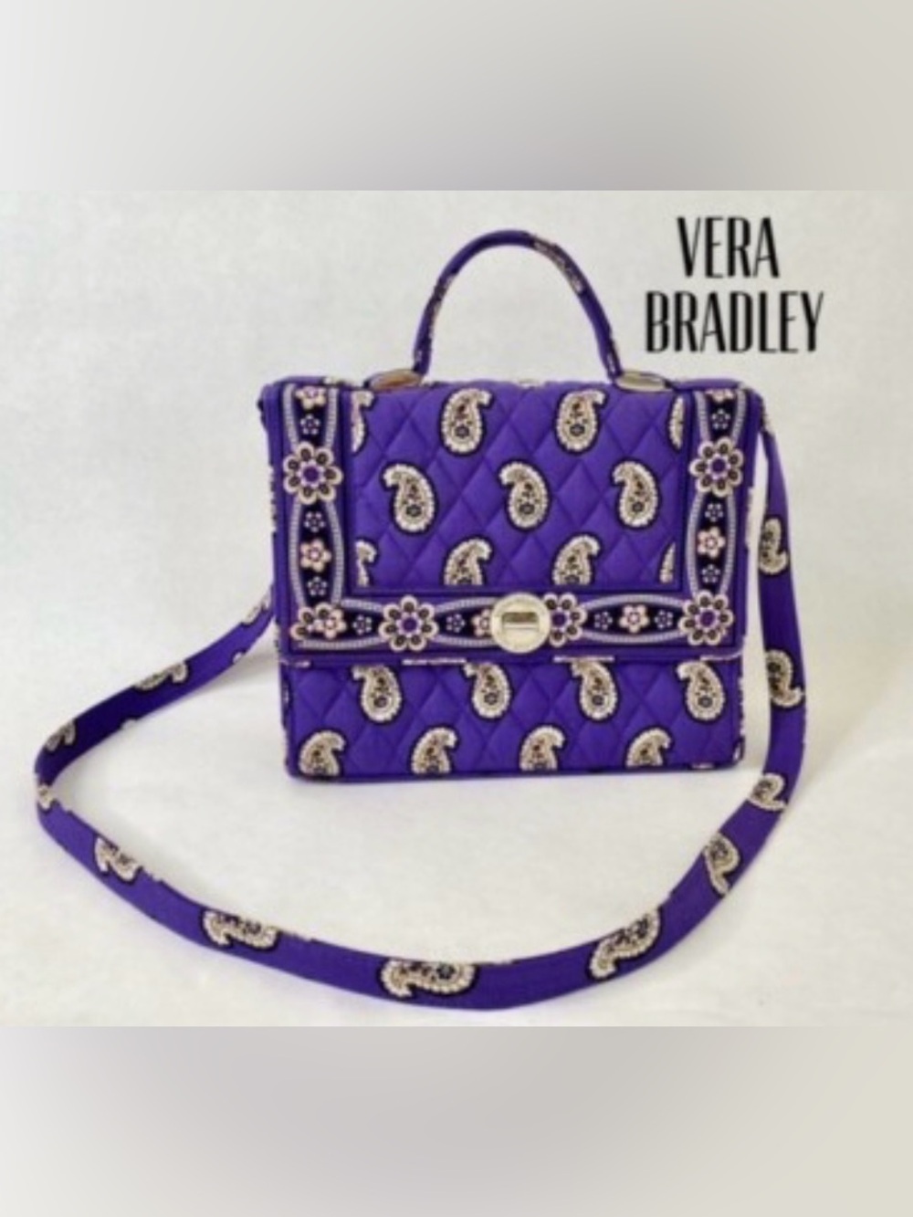 Vera Bradley Julia Purple Quilted Voilet Paisley Satchel Shoulder Bag Turn-Lock - Picture 11 of 11